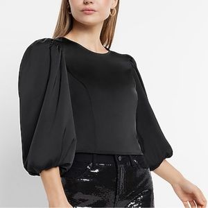 Satin Crew Neck Puff Sleeve Top